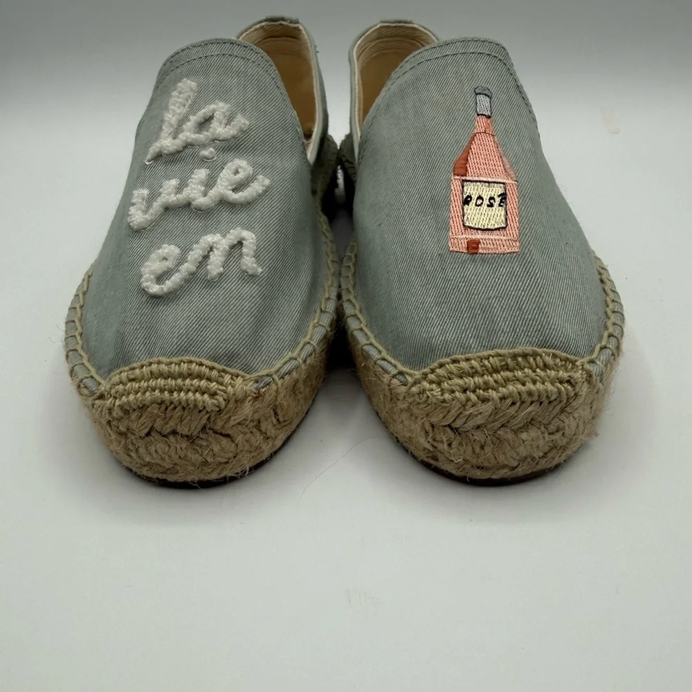Soludos La Vie En Rosé Embroidered Espadrille Flats Blue Canvas Slip-On Shoes